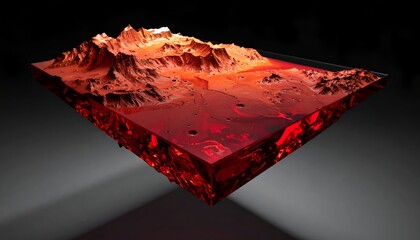 A 3D rendered cross-section of a fiery, Mars-like landscape