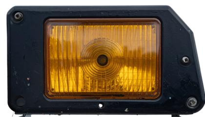 Close-up of a square yellow lamp with black border and fasteners