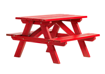 Red picnic table, with two benches, sits isolated against a dark background
