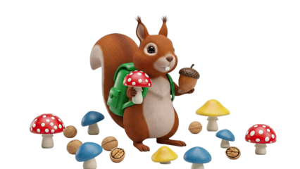 Cute Squirrel with Backpack, Acorn, and Mushrooms