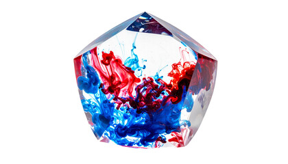 Geometric transparent object with vibrant red and blue ink swirling inside