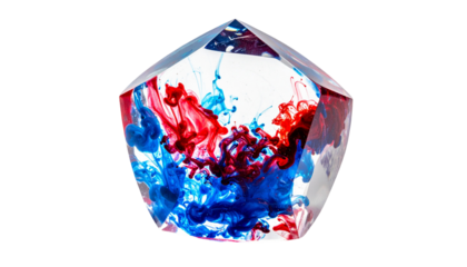 Geometric transparent object with vibrant red and blue ink swirling inside
