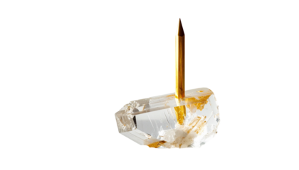 A golden pencil thrust through a clear crystal against black background