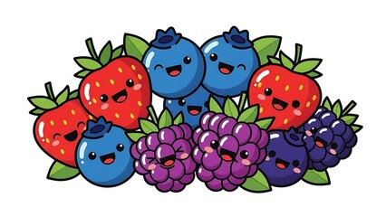 Colorful cartoon berries with smiling faces.