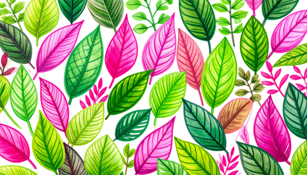 Colorful illustration of vibrant leaves, varied shapes, overlapping - Powered by Adobe