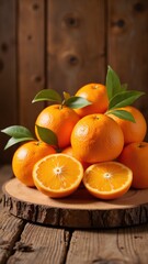 tangerines with leaves on wooden table