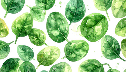 Watercolor illustration of fresh, green spinach leaves on black background