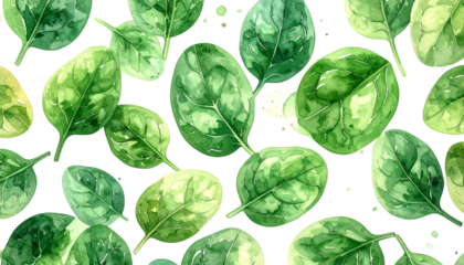 Watercolor illustration of fresh, green spinach leaves on black background