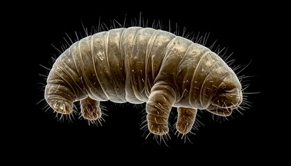 Microscopic macro shot of a segmented, furry tardigrade water bear creature
