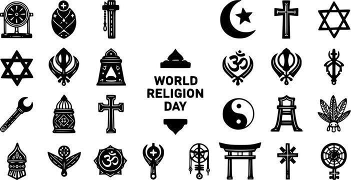 World Religion Day Black  White Glyph Icons Set. Diverse Spiritual and Cultural Symbols for Global Faith, Peace, and Unity.