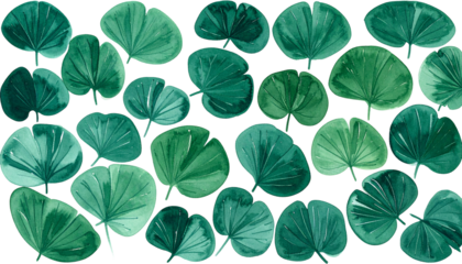 Watercolor leaves in varying shades of green, arranged on a black background