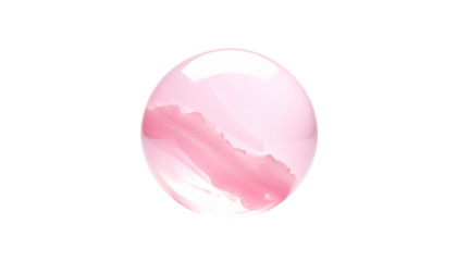 Glossy, pink orb with a swirling, translucent design against black