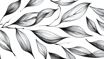 Monochrome leaves on branches against a black background
