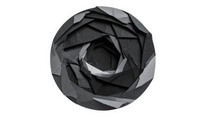 Circular grayscale paper sculpture with geometric layered folds