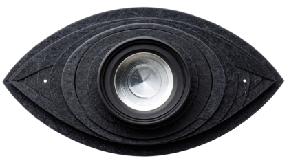 Close-up of a dark grey object shaped like an eye, with a circular lens