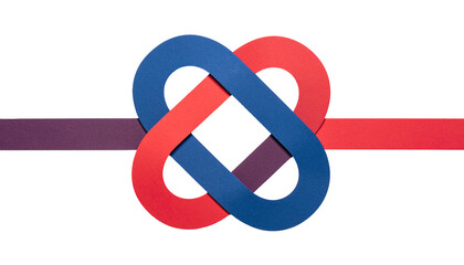 Interlocking ribbons in blue, red, purple form a symbol