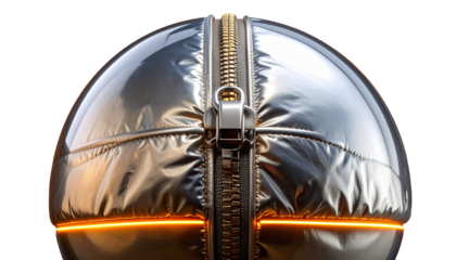 Shiny silver sphere with prominent zipper and illuminated base