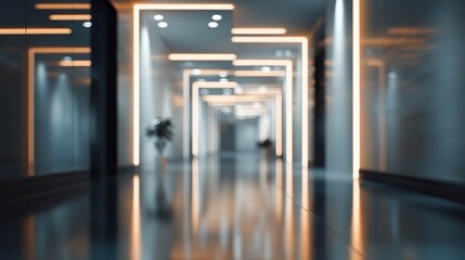 Contemporary Office Corridor with Geometric Light Patterns. Professional Blurred background