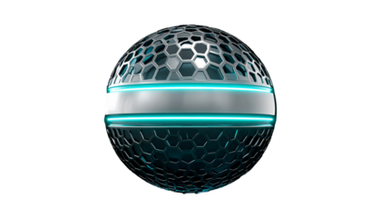 Spherical object, metallic with hexagonal pattern and glowing accents
