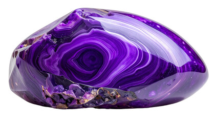 Polished gemstone, swirling purple patterns, natural beauty, glassy sheen
