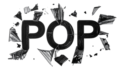 Black, stylized "POP" font shattered with sharp, reflective shards
