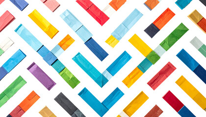 Colorful, repeating V pattern created with wrapped rectangular objects