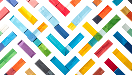 Colorful, repeating V pattern created with wrapped rectangular objects