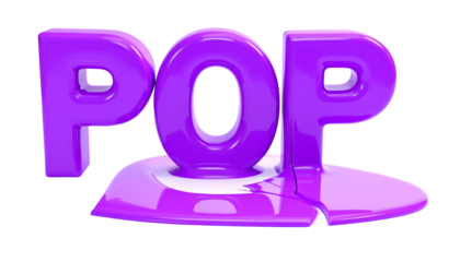 Purple, glossy 3D "POP" text rises from a broken white base, isolated