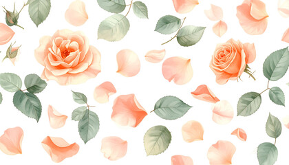 Peach roses and petals on a dark backdrop, with scattered leaves
