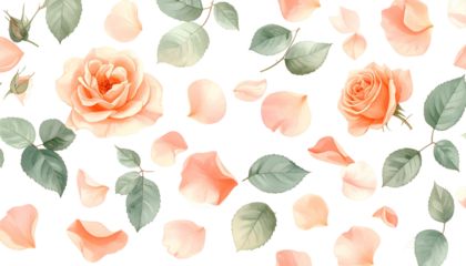 Peach roses and petals on a dark backdrop, with scattered leaves