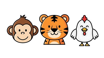 Naklejka premium Monkey tiger and chicken cartoon faces.