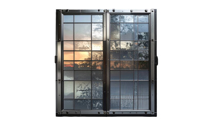 Two-panel steel-framed window showcasing an outdoor scene with a sunset