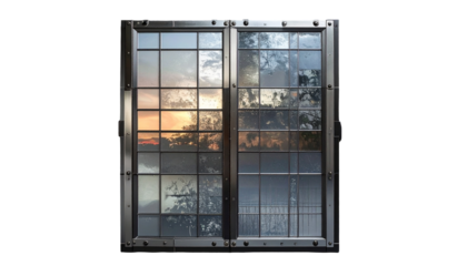 Two-panel steel-framed window showcasing an outdoor scene with a sunset