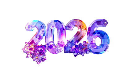 Sparkling 2026 numerals in vibrant, gem-like design, floating in space