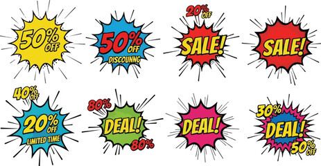 Vibrant Discount Badges Bursting with Offers for Sales and Deals, Colorful and Eye-Catching Promotions