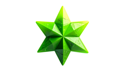 Green faceted star, glossy finish, isolated on black background