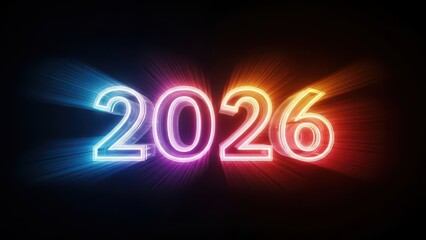The glowing neon numbers 2026 are radiating colorful light beams against a dark background