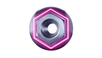Metal nut, sphere, and neon hexagon shape, centered on black