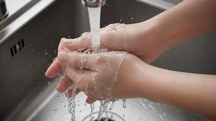 Close-up of hands being washed under running water in a stainless steel sink, emphasizing hygiene and cleanliness.