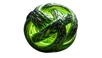 Braided, reflective green orb with glowing interior against black backdrop