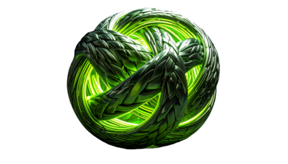 Braided, reflective green orb with glowing interior against black backdrop