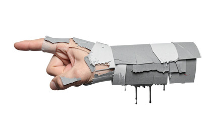 Hand pointing, wrapped in gray tape with dripping paint