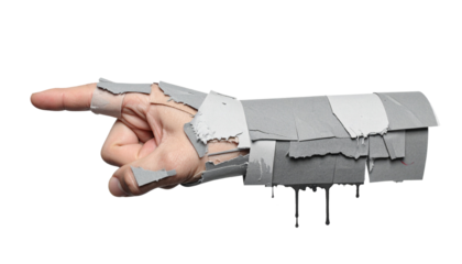 Hand pointing, wrapped in gray tape with dripping paint