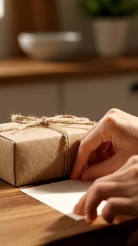 Hand Places Card Beside Gift Box Wrapped in Brown Paper