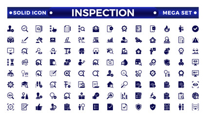 Inspection solid web icons set design. Pack of inspection, hire, calculation money, coaching, protection, cooperation, success, task, and other solid pictograms.