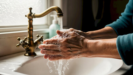 Person washing hands with soap and water under a vintage faucet in a bathroom sink.