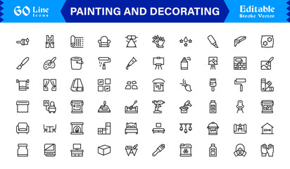Painting And Decorating line icon set featuring editable, pixel-perfect icons with a clean, modern, and minimal style, ideal for renovation, art, and home projects. © MDSalim