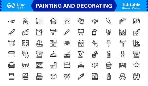 Painting And Decorating line icon set featuring editable, pixel-perfect icons with a clean, modern, and minimal style, ideal for renovation, art, and home projects.