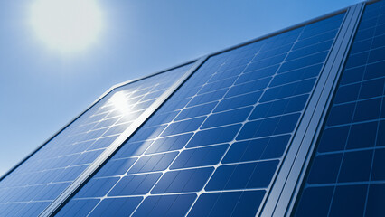Solar panels blue sky sun flare renewable energy background. 3d rendering