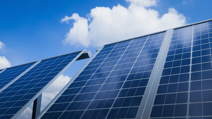 Solar panels renewable energy array blue sky clouds. 3d rendering